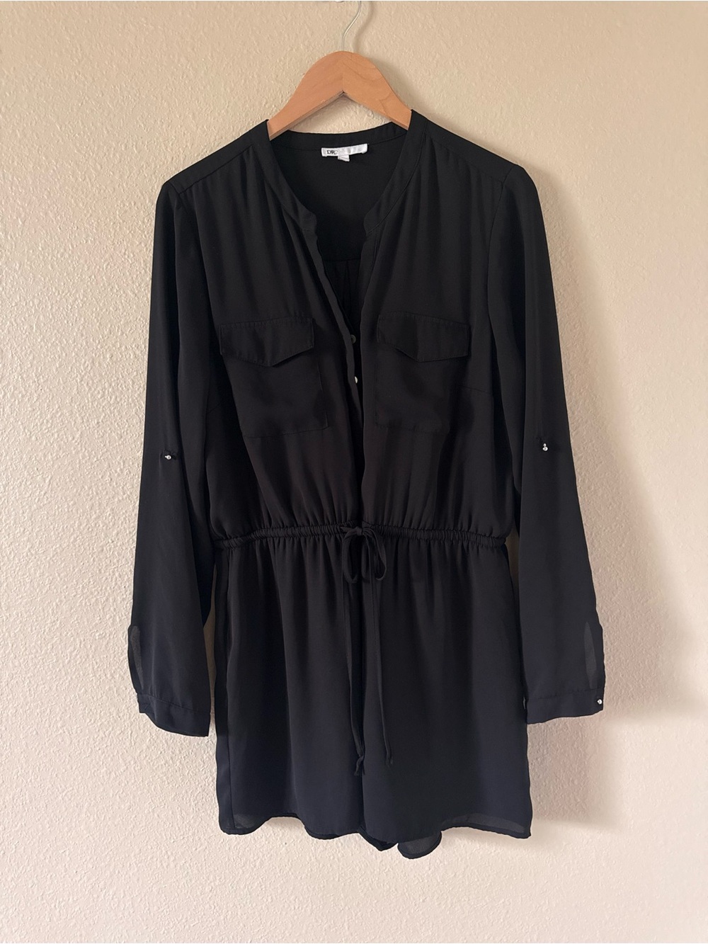 DR2 Black Button-Front Drawstring Romper Cover-Up - Picture 2 of 9